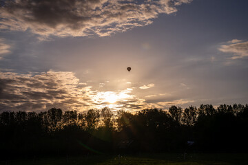 Hot Air Balloon at Sunset with Silhouette of Trees