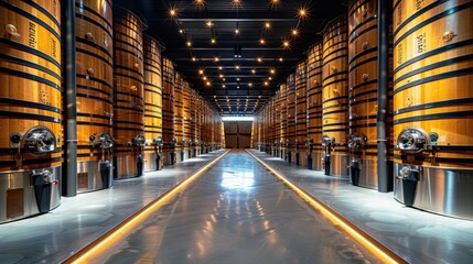 A beautifully lit room filled with rows of classic wooden wine aging vats, showcasing the meticulous and elegant craftsmanship involved in the traditional winemaking process.