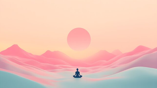 A serene landscape with a person practicing mindfulness or meditation, juxtaposed against a light solid color background, representing stress relief