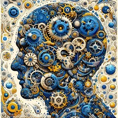 Digital art piece depicting a stylized face with intricate patterns and mechanical elements resembling a futuristic circuit board