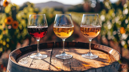 Naklejka premium Three filled wine glasses, each with different colored wine, placed on a wooden barrel in a sunlit vineyard, showcasing the beauty of the outdoors and the variety of wines.