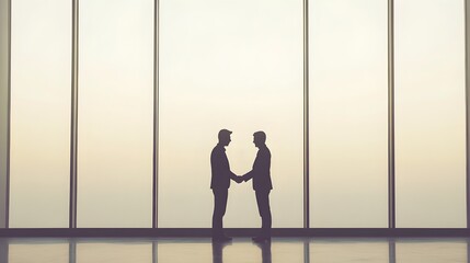 Fototapeta premium Two business partners shaking hands in front of a large window, symbolizing trust and cooperation against a light solid color background