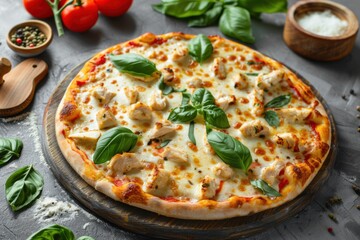 Fresh Margherita Pizza with Basil Mozzarella Cheese Cherry Tomatoes Italian Cuisine Homemade Authentic Restaurant Food Delicious Gourmet Meal
