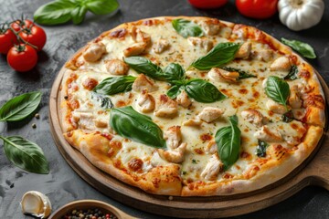 Fresh Margherita Pizza with Basil Mozzarella Cheese Cherry Tomatoes Italian Cuisine Homemade Authentic Restaurant Food Delicious Gourmet Meal