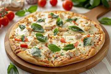 Fresh Margherita Pizza with Basil Mozzarella Cheese Cherry Tomatoes Italian Cuisine Homemade Authentic Restaurant Food Delicious Gourmet Meal