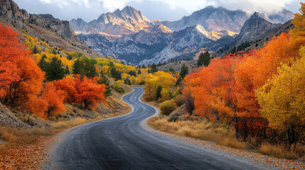 Autumn landscape with a country road disappearing into the horizon through mountains