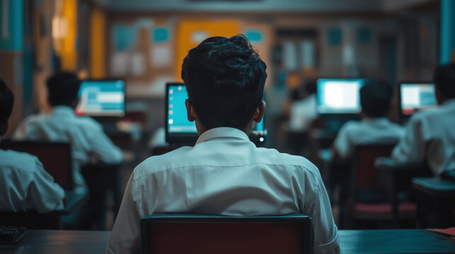 Diverse students in a busy classroom learn computer skills, focused on laptops as the teacher guides them in coding and software development