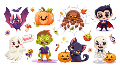 Halloween vector illustration set with cute vampire, ghost, zombie, bat, spider, cat, skeleton, pumpkins and candy