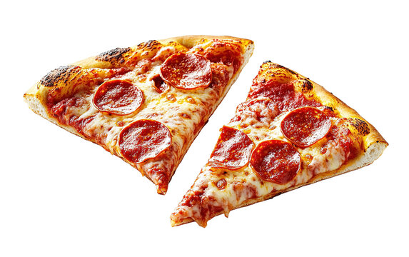 Tasty two slice of pepperoni pizza on white background,png