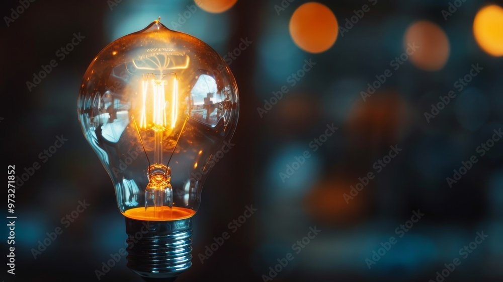 Poster light bulb glowing in a dark room symbolizing belief and ideas close-up photo with clean background