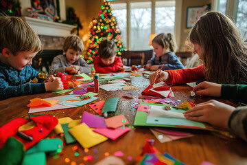 A group of children are sitting around a table making cards