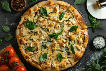 Fresh Margherita Pizza with Basil Mozzarella Cheese Cherry Tomatoes Italian Cuisine Homemade Authentic Restaurant Food Delicious Gourmet Meal