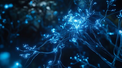 Abstract blue glowing lines and nodes against a dark background.