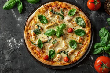 Fresh Margherita Pizza with Basil Mozzarella Cheese Cherry Tomatoes Italian Cuisine Homemade Authentic Restaurant Food Delicious Gourmet Meal