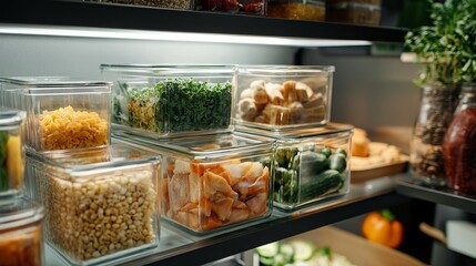 Organize your refrigerator with glass boxes and cans to maintain freshness. Decanting food into containers keeps it longer, reducing waste and preserving its flavor and quality. 
