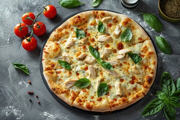 Fresh Margherita Pizza with Basil Mozzarella Cheese Cherry Tomatoes Italian Cuisine Homemade Authentic Restaurant Food Delicious Gourmet Meal