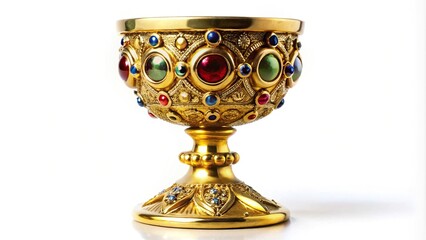 Close-up of ancient bejeweled royal goblet gold chalice isolated on white background