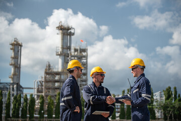 Refinery industry, engineer working in industrial production, oil and gas refinery plant industry factory