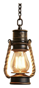 PNG Vintage lantern with warm light hanging indoors