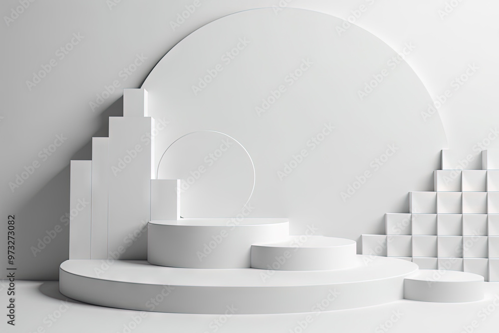 Poster pedestal in the room in white color with geometric shapes. podium for product showcase with geometri