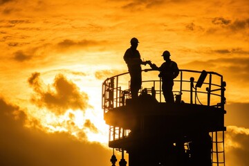 Fototapeta premium A photograph of two oil workers on top of an industrial well head, working together and having fun in the sunlight Generative AI