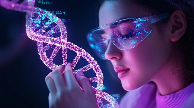 A woman examines a glowing DNA helix, representing the intersection of science and innovation in genetic research and biotechnology.