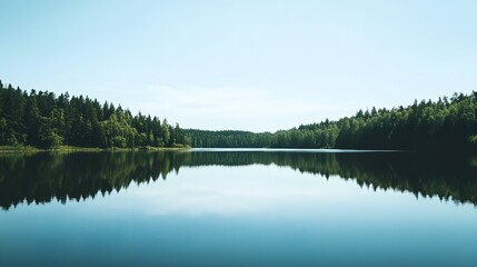 Fototapeta premium A minimalistic view of a tranquil lake reflecting the sky, surrounded by gentle greenery, with ample copy space