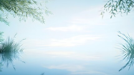 Fototapeta premium A minimalistic view of a tranquil lake reflecting the sky, surrounded by gentle greenery, with ample copy space