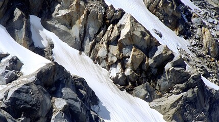 A close-up shot of the rugged terrain of Mont Blanc, highlighting the intricate details of the rocky surface and patches of snow