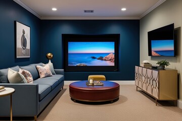 Spacious Lounge with Gentle Navy Wall, Chic Side Unit, and Versatile Screen at Nighttime