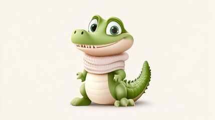 Fototapeta premium Adorable Cartoon Green Lizard Character with Big Eyes Smiling Happily