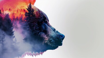 Brown bear's face among tall pine trees, double exposure silhouette effect, nature and wildlife concept, copy space