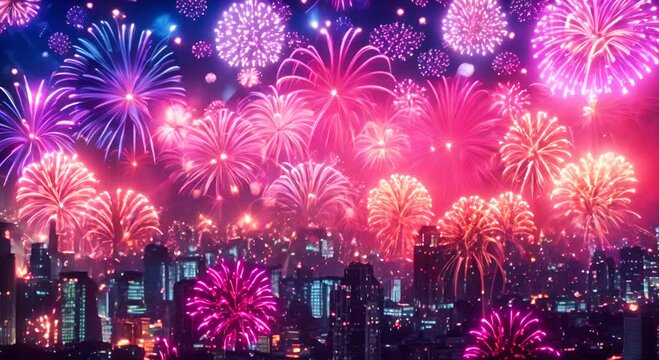 New Year's Eve night with the sky above a city illuminated by a spectacular fireworks display. Sparks flying in gold, red, blue, and violet fireworks light up the sky and cityscape.