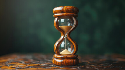 A classic wooden hourglass with beige sand, placed on an intricately detailed surface, showcasing the timeless and rustic essence of traditional timekeeping instruments.