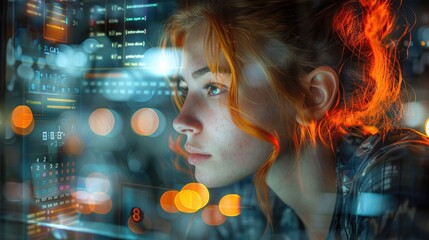 A woman deep in thought and illuminated by data charts, highlighting themes of analysis, data processing, and the digital world's complexity in her work environment.