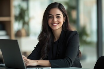 Fototapeta premium businesswoman entrepreneur professional leader confident workplace laptop success executive manager smiling female 30s portrait business