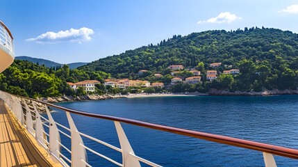 Obraz premium A scenic view from the deck of a Mediterranean cruise, showcasing beautiful coastal towns and lush greenery in the distance