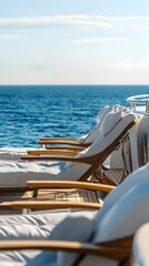 Obraz premium A close-up shot of the luxurious deck of a yacht, featuring stylish lounge chairs and a beautiful ocean backdrop