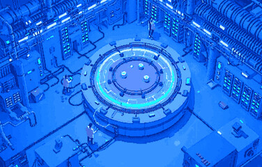 Blue pixel art style technology facility of a gigantic AI supercomputer and engineering team, Computer servers at the sides, View from above