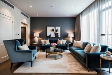 Fototapeta premium Elegant Living Room with Plush Armchair and Stylish Furnishings in Modern Apartment Design