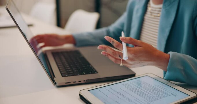 Business, tech and hands of person in office for planning, research and thinking for proposal. Woman, admin and laptop at table for company growth projection, contract review and tablet for notes