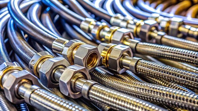Close-up of hydraulic hoses connected with shallow depth of field