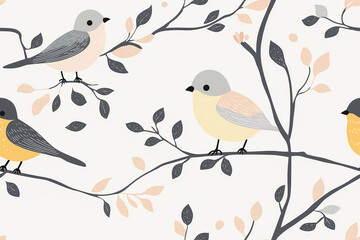 Seamless pattern featuring birds perched on branches with leaves in soft pastel shades. The minimalist and gentle design evokes a sense of calm and nature.