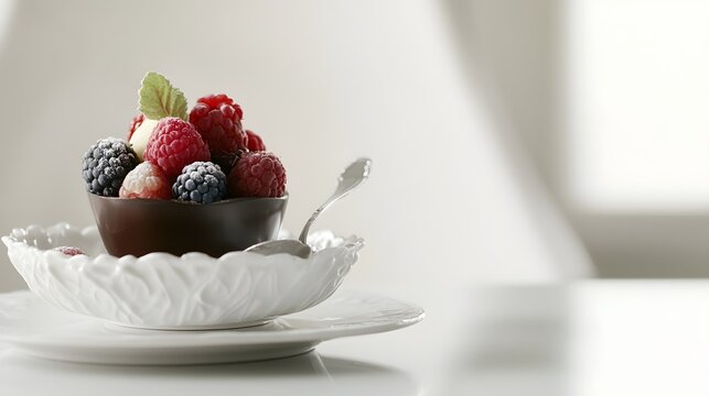 An elegant dessert of chocolate mousse layered with fresh berries, artfully arranged on a minimalist table setting with a soft color backdrop