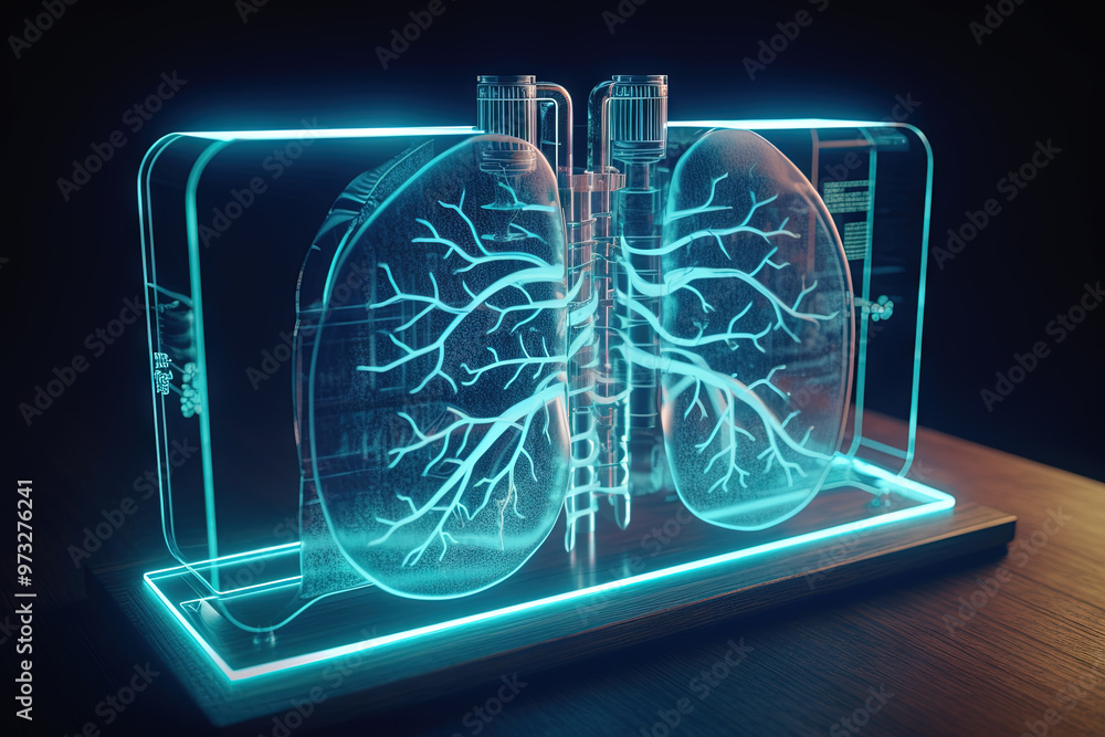 Poster Artificial implant science concept with technological AI lungs on the circuit board.