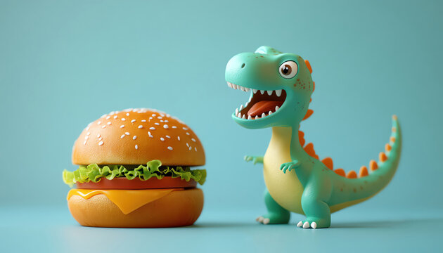 Cute cartoon dinosaur excitedly looking at a burger, light blue background
