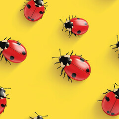 Obraz premium Bright and cheerful pattern of red ladybugs on a vibrant yellow background, perfect for playful designs, children's decor, or summer-themed projects.