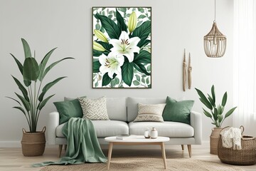 Mint Lily Floral Wall Art Print for Living Room with Soft Green Flowers and Boho Botanical Decor
