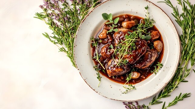 A beautifully plated dish of coq au vin garnished with fresh herbs on a light pastel background