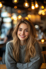 Obraz premium Smiling woman in a warmly lit cafe, radiating friendliness and approachability
